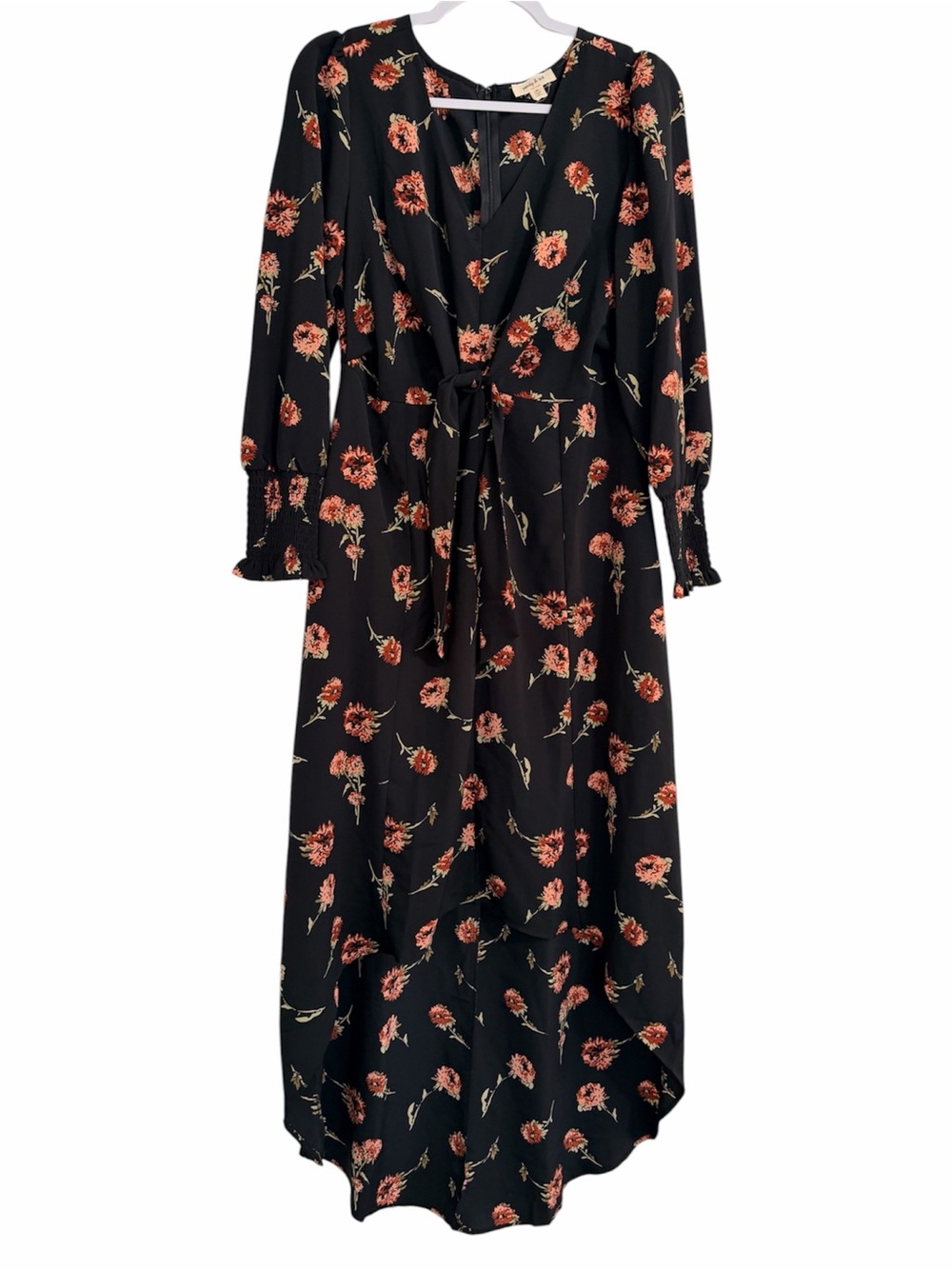 Sandy & Sid NY Tie-Waist Floral Maxi Dress in Black with Coral Flowers